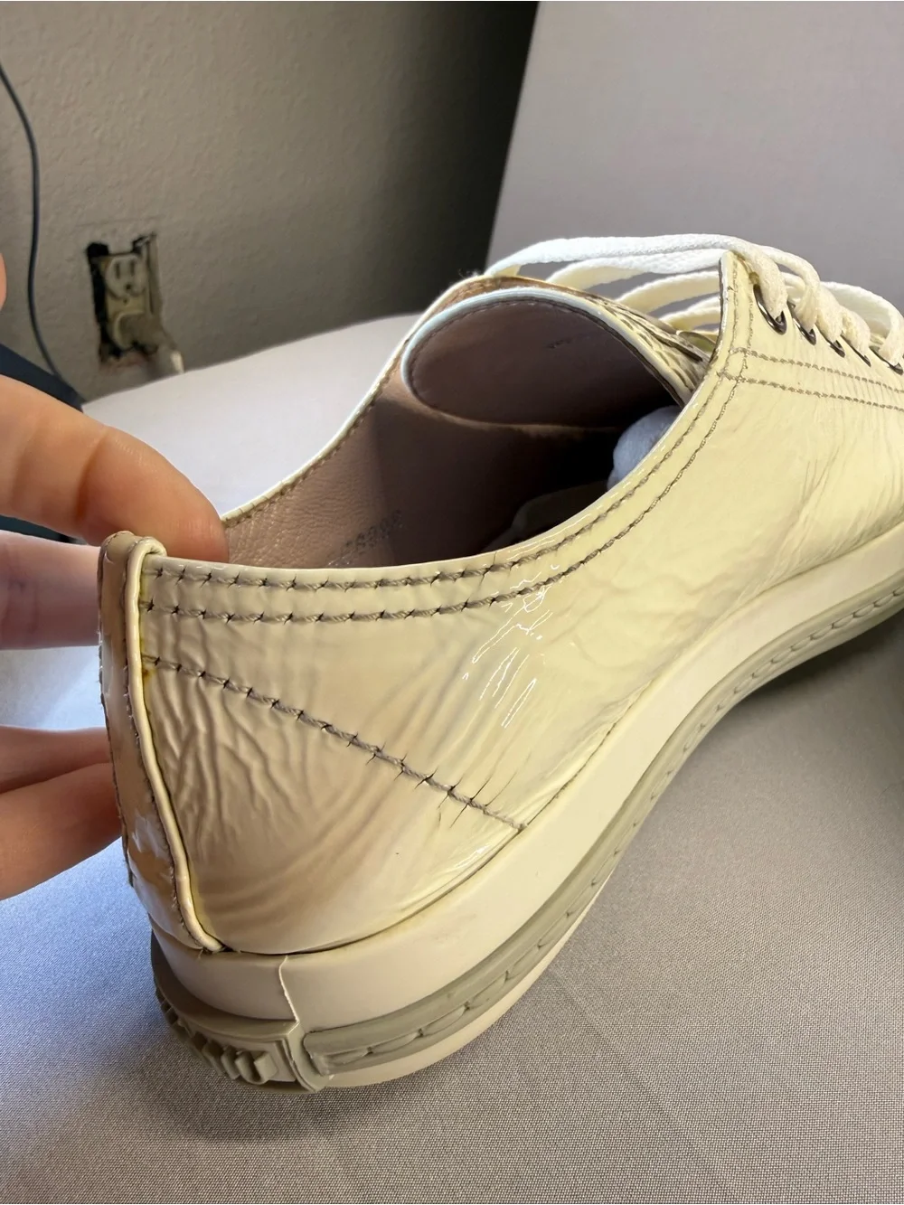 Miu Miu Cream Patent Leather Sneakers with Silver Toe Caps